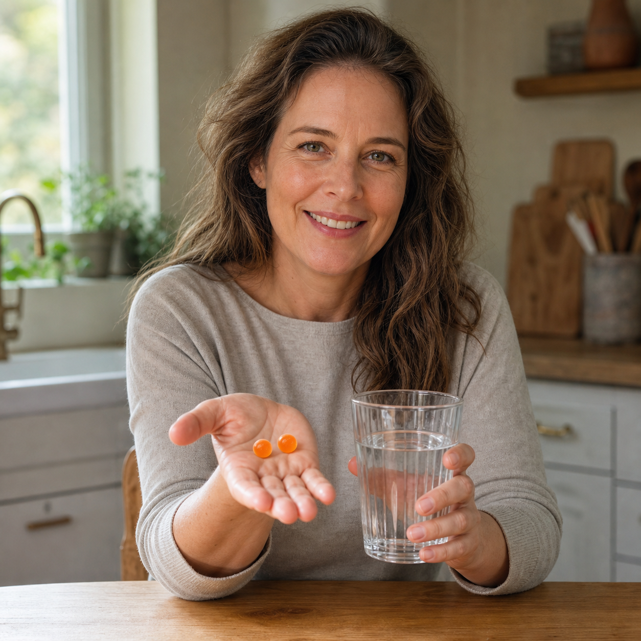 Mujer con dos gomitas naranjas y un vaso de agua