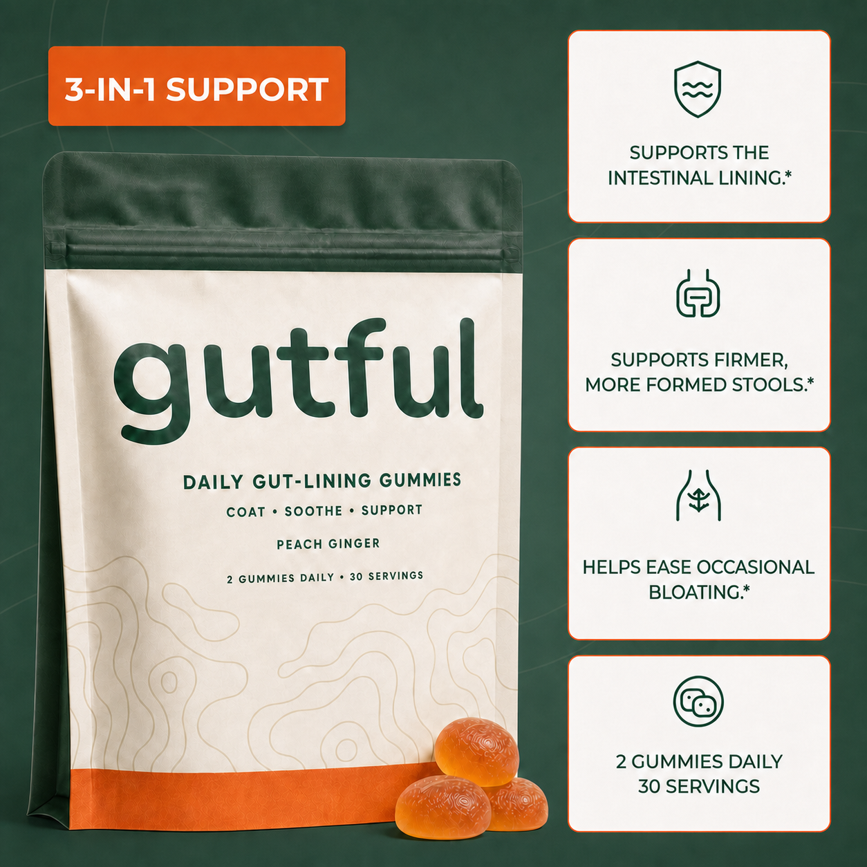 Gomitas Gutful de apoyo diario al revestimiento intestinal con tres beneficios digestivos